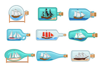 Wall Mural - flat vector set of glass bottles with ships inside. sailing crafts. miniature models of marine vesse