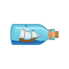 Wall Mural - wooden ship and blue water inside of glass bottle. flat vector icon of miniature model of marine ves