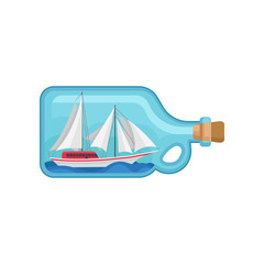 Wall Mural - miniature sea ship inside of glass bottle with cork. model of marine vessel. flat vector element for