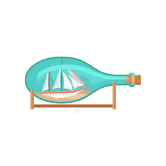 Wall Mural - flat vectir icon of glass bottle on wooden stand with ship and sand inside. model of sailing craft