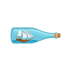 Wall Mural - flat vector icon of glass bottle with sea ship and water inside. miniature model of marine vessel. h