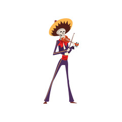 Sticker - Skeleton in Mexican national costume playing violin, Dia de Muertos, Day of the Dead vector Illustration on a white background