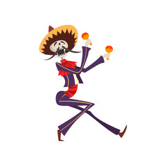 Sticker - Skeleton in Mexican national costume playing maracas, Dia de Muertos, Day of the Dead vector Illustration on a white background