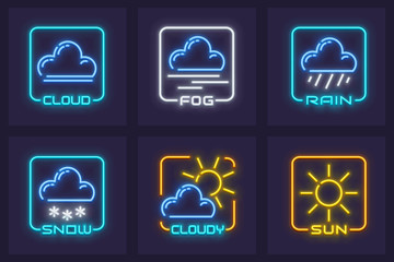 Wall Mural - Set of forecast weather neon icons. Clouds, fog, rain, snow