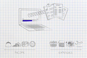 Wall Mural - laptop with budgeting documents out of the screen on a spring and different income icons versus expenses below