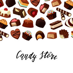 Poster - Vector background with place for text and cartoon chocolate candies