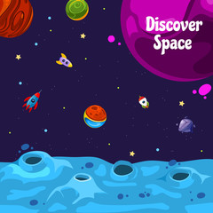 Wall Mural - vector background with place for text with cartoon space planets and ships