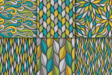 Wall Mural - abstract wavy lines seamless patterns set. floral organic vector illustration. bright colorful seaml