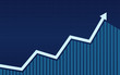 Abstract financial bar chart with uptrend line arroiw in blue color background