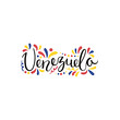 Hand written calligraphic lettering quote Venezuela with decorative elements in flag colors. Isolated objects on white background. Vector illustration. Design concept for independence day banner.
