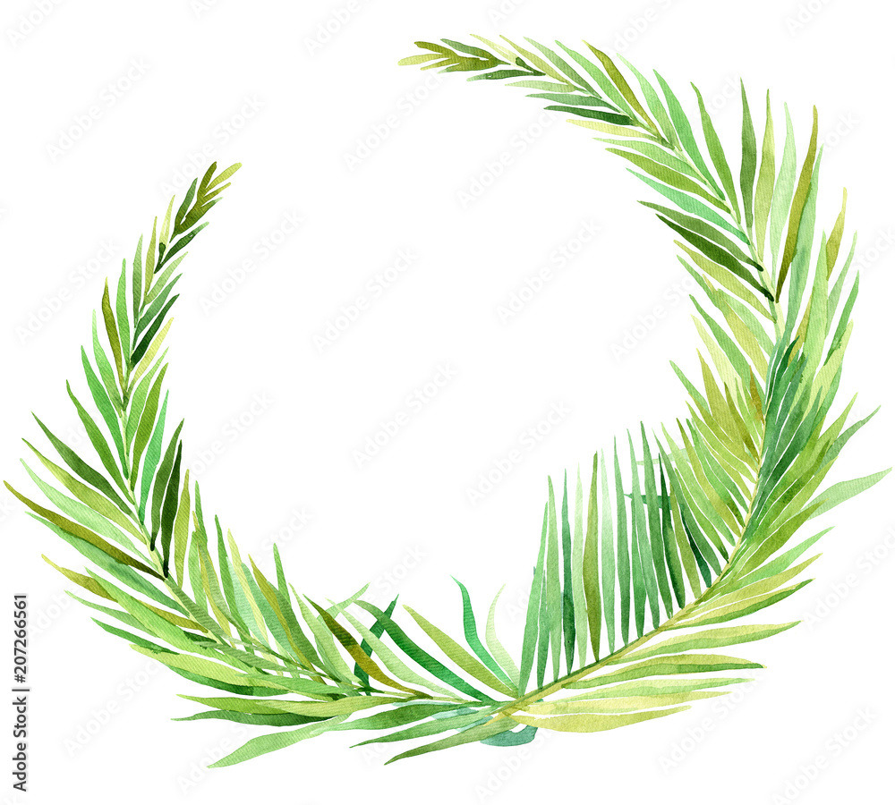 Watercolor wreath of tropical leaves, isolated on white background ...