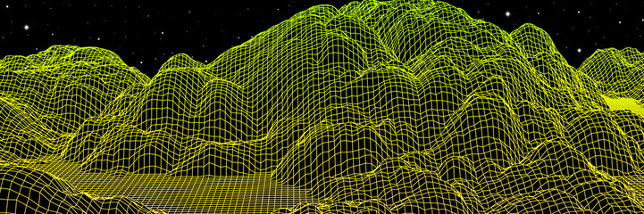 Poster - Digital landscape with mountains or hills made of line grid