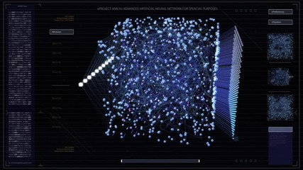 Wall Mural - The Concept of: Dark Visualization of Neural Network Working in a Cube. Various Clusters of Connections Loading, Interchanging Stream of Information.