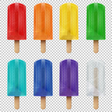 Collection Of Realistic Isolated Colorful Rainbow Fruit Popsicle Ice Cream. Vector Stock Illustration