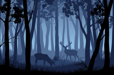 Wall Mural - vector blue night forest landscape with silhouettes of trees and two deers