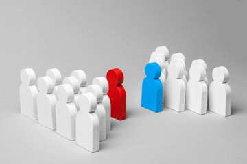 Wall Mural - Competition of two business teams. Two groups of people in the discussion. Conflict among workers. Group of white men with their leaders of red and blue. Concept