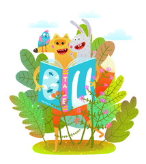 Wall Mural - Funny animals in nature reading books. Vector cartoon.