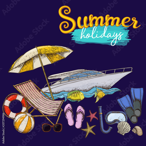 Tela Set of beach summer holidays accessories, cartoon illustration