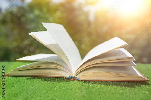 Obraz Dibond Open book on the green grass in the sun. hobby. free time. recreation. literature. education.