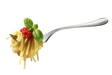 Fork Of Spaghetti With Tomato Sauce And Basil
