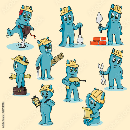 illustration of a set of funny blue men in Chibi Doodle style with horns in diff Poster