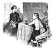 The impolite young girl mocks the spinster governess, who feels bad for that, old caricature,