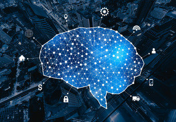 Poster - Human brain and infographic template and connection lines on city background in the form of artificial intelligence for technology concept, 3d illustration