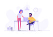 Young man is sitting at a desk with computer and his colleague is pointing to a screen and giving advice. Office business concept. Modern vector illustration.