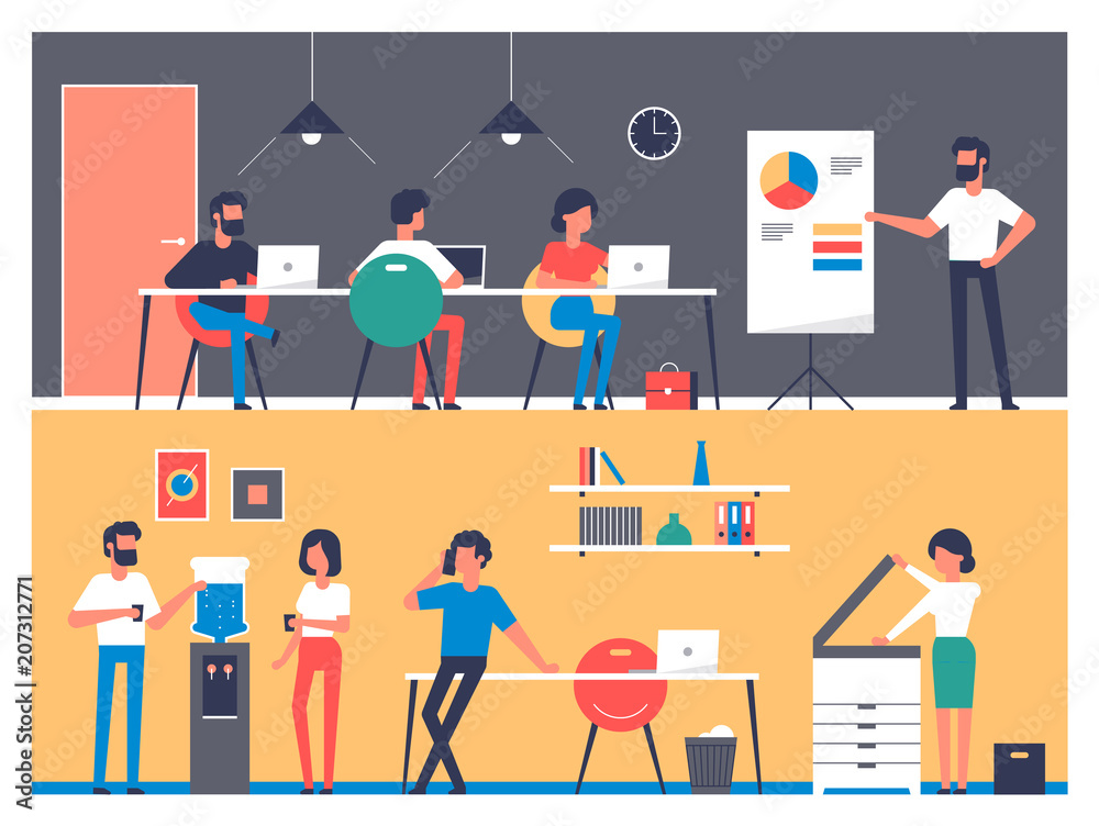 Set of workers characters in office interior. Business meeting ...