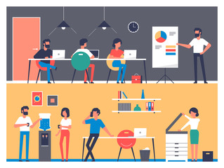 Set of workers characters in office interior. Business meeting, teamwork, brainstorming, planning, conference in flat style. Office work daily routine. Business infographic element.