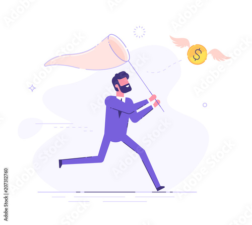 Cuadros en Lienzo Businessman is trying to catch flying dollar coin with a scoop-net