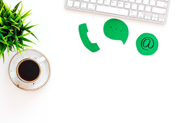 Poster - Template for contacts, background for contact information. Phone, email signs on office work desk with computer on white background top view copy space