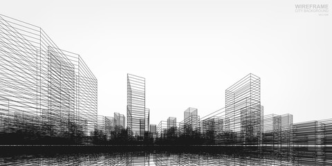 Wall Mural - Perspective 3D render of building wireframe. Vector wireframe city background of buildings.
