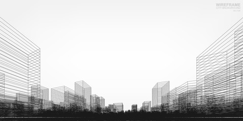 Poster - perspective 3d render of building wireframe. vector wireframe city background of buildings.