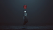 Floating Evil Spirit Of A Child With A Red Balloon In A Foggy Void Front 3d Illustration
