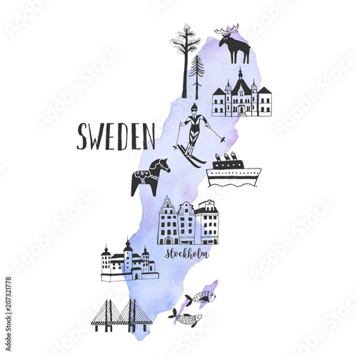 Cuadros en Lienzo Vector watercolor map with handdrawn illustrations of famous sightseeings, place