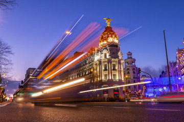 Madrid, Spain at Beautiful sunset with lights of cars