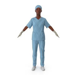 Wall Mural - Woman African American surgeon doctor or nurse full length portrait isolated on white. 3D illustration