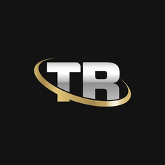 Initial letter TR, overlapping swoosh ring logo, silver gold color on black background