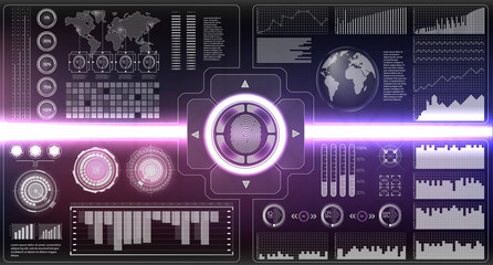 Poster - Verification scanners set. Finger Scan in Futuristic Style. Biometric id with Futuristic HUD Interface. screen monitor background template. Scanning Technology Concept Illustration. Identification