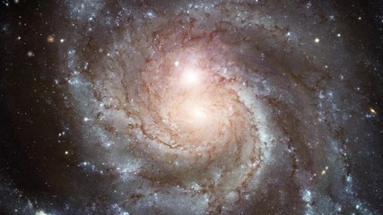 Wall Mural - Pinwheel galaxy rotating in outer space, 3D animation with flying stars. Contains public domain image by NASA