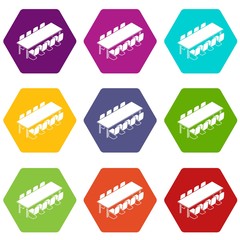 Poster - Long meet table icons 9 set coloful isolated on white for web