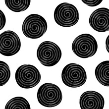Licorice Wheels Candies Seamless Pattern. Candy Flavored Licorice. Hand Drawn Vector Seamless Pattern In Doodle Style. Continuous Line Drawing.