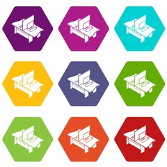 Poster - Double office table icons 9 set coloful isolated on white for web