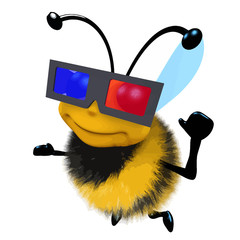 Wall Mural - 3d Funny cartoon honey bee character wearing a 3d glasses to watch a movie