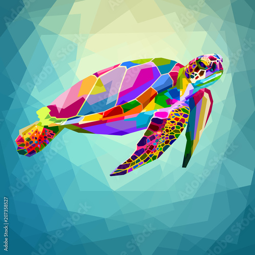 colorful turtle floating underwater in the geometric blue water ocean Tableau sur Toile