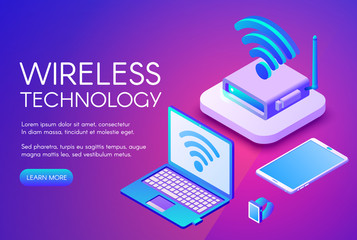 Fototapete - Wireless technology vector illustration of internet data transfer in digital devices. Wi-fi router, Bluetooth or NFC wireless communication in computer and smartphone on purple ultra violet background