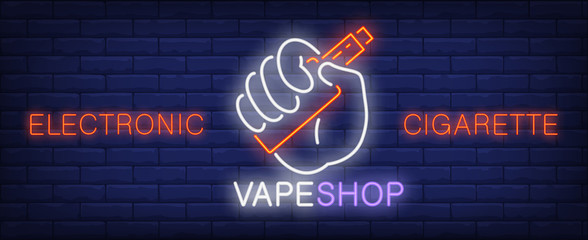 Wall Mural - Electronic cigarette neon sign. Hand holding vape device. Vector illustration in neon style for vape shop or retail