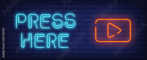 Video Play Neon Style Banner Press Here Text And Start Button On