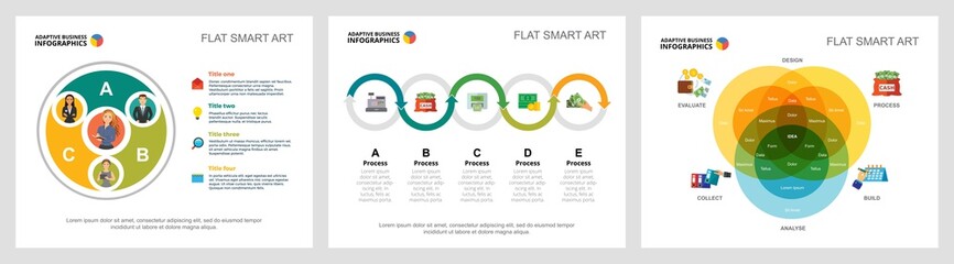 Colorful planning and marketing concept infographic charts set. Business design elements for presentation slide templates. Can be used for financial report, workflow layout and brochure design.